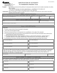 Form VSA24 Certification of Authority to Transfer Virginia Title - Virginia