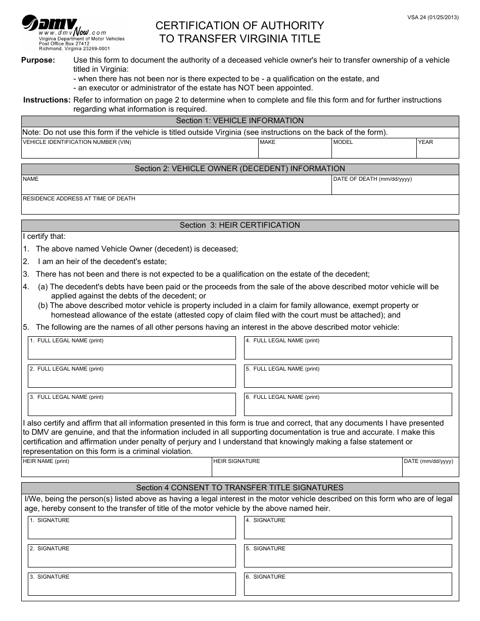 Form VSA24 Certification of Authority to Transfer Virginia Title - Virginia, Page 1