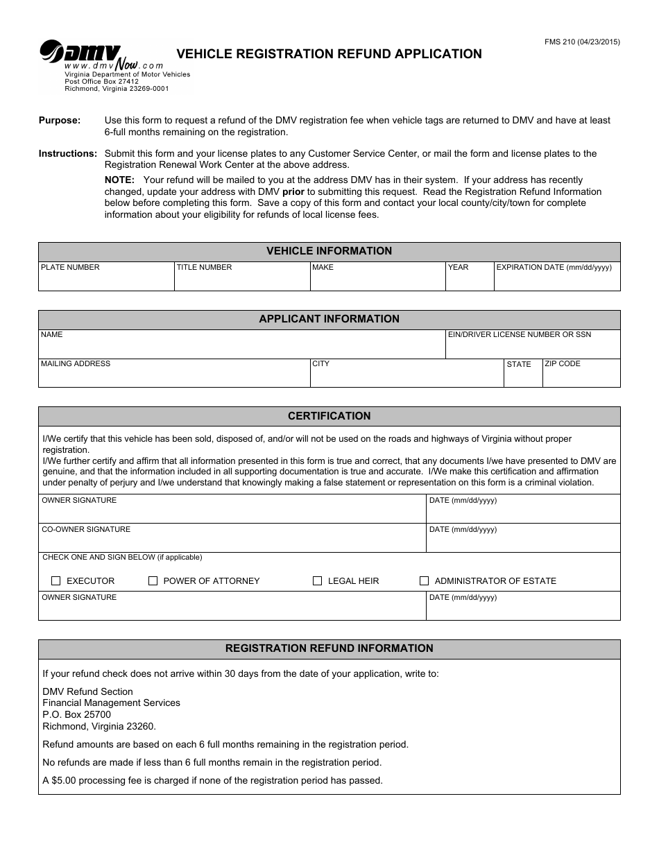 Form FMS210 Vehicle Registration Refund Application - Virginia, Page 1