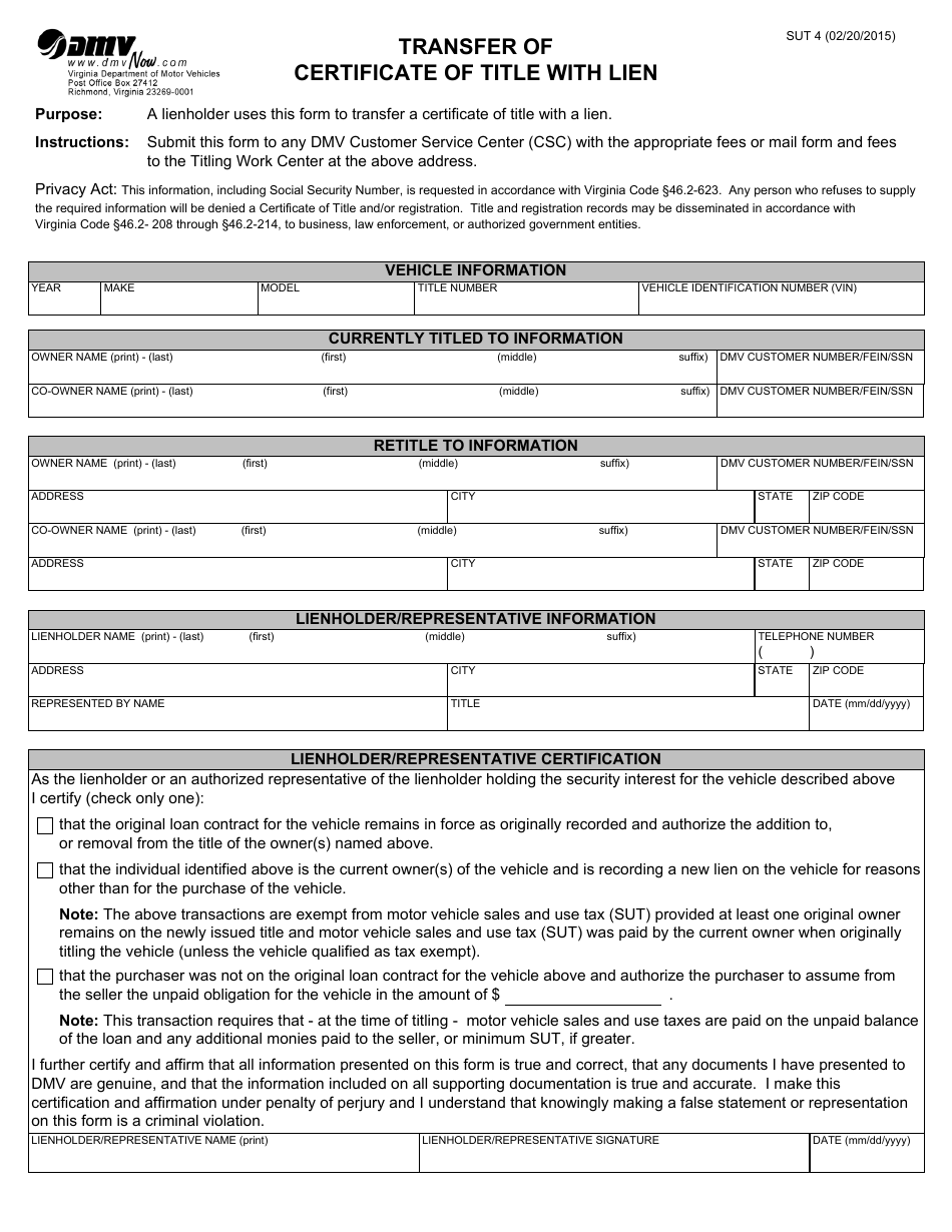 Form SUT4 Transfer of Certificate of Title With Lien - Virginia, Page 1