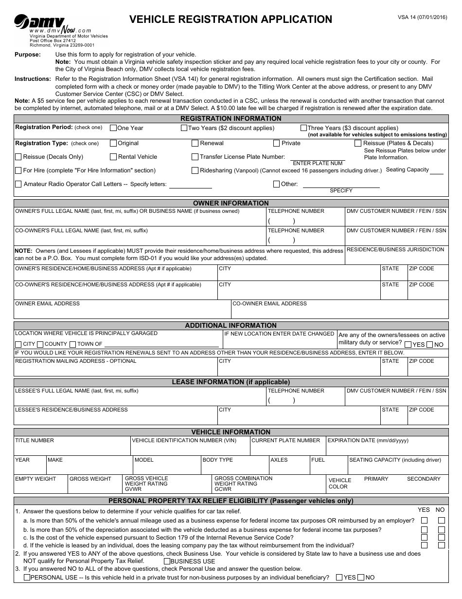 Form VSA14 Vehicle Registration Application - Virginia, Page 1
