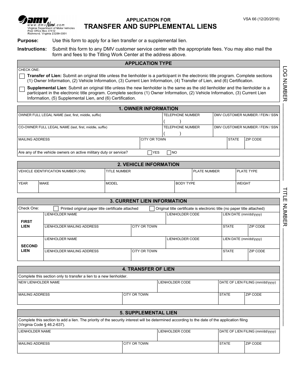Form VSA66 Application for Transfer and Supplemental Liens - Virginia, Page 1