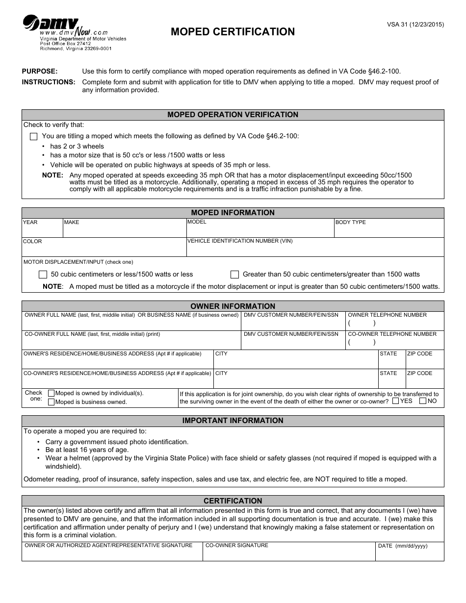 Form VSA31 - Fill Out, Sign Online and Download Fillable PDF, Virginia ...