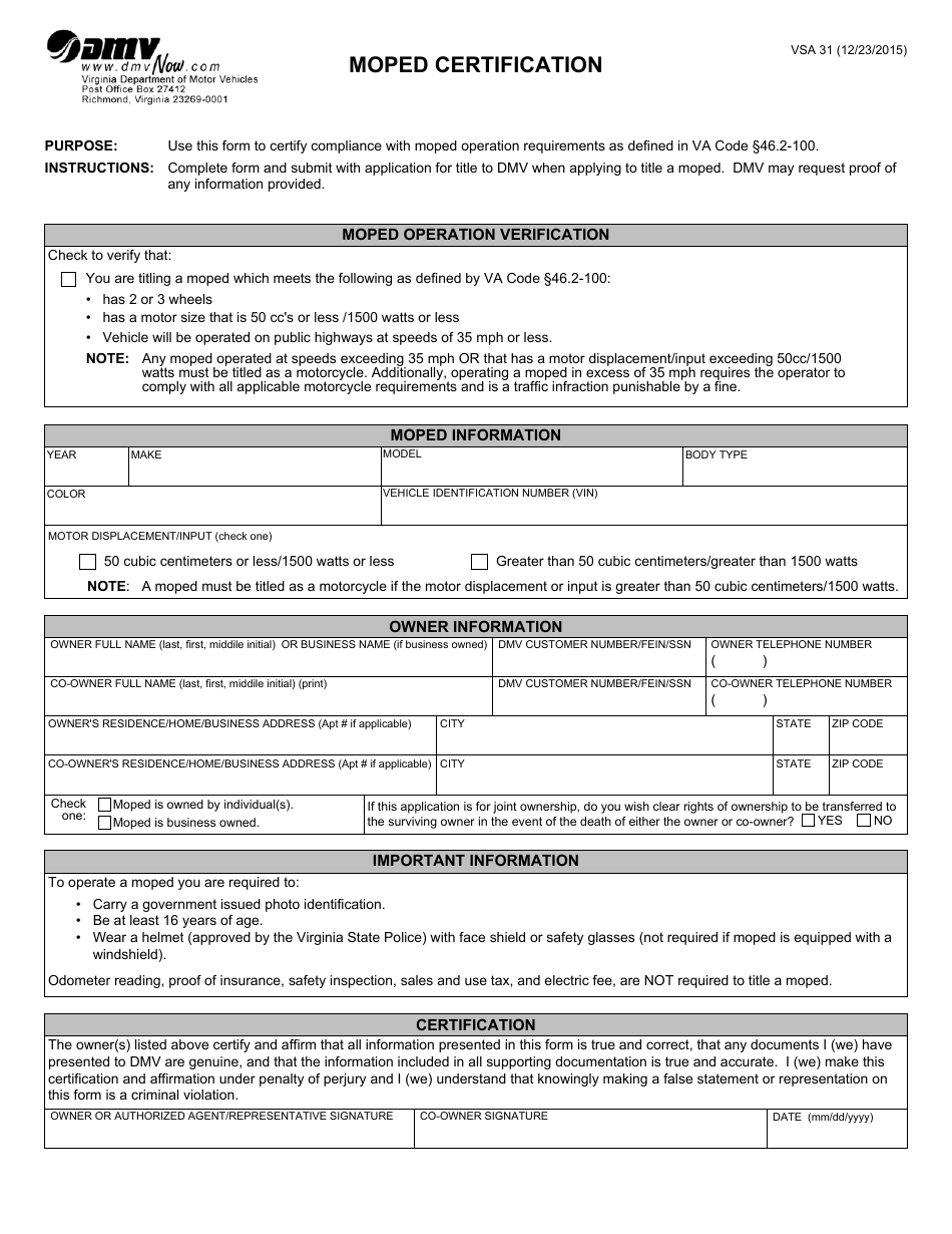 Form VSA31 Moped Certification - Virginia, Page 1