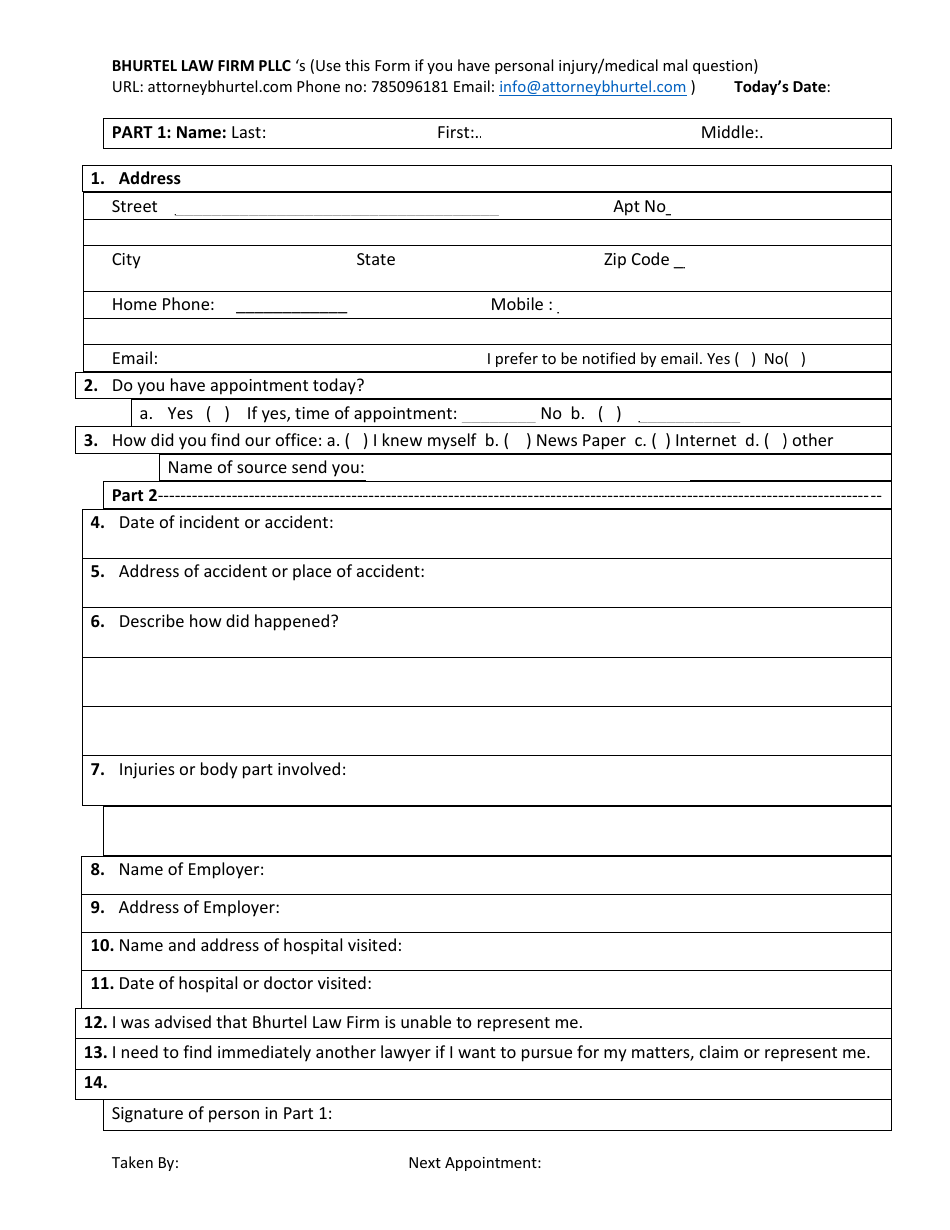 Personal Injury Form - Bhurtel Law Firm, Page 1