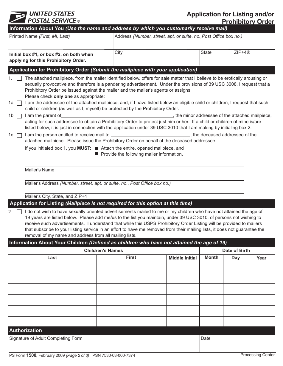 PS Form 1500 Application for Listing and / or Prohibitory Order, Page 3