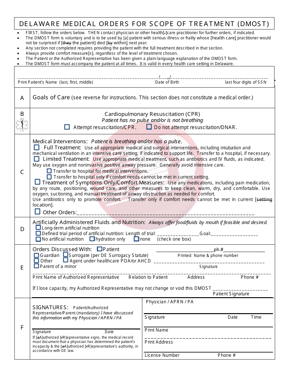 Delaware Delaware Medical Orders for Scope of Treatment (Dmost) - Fill ...