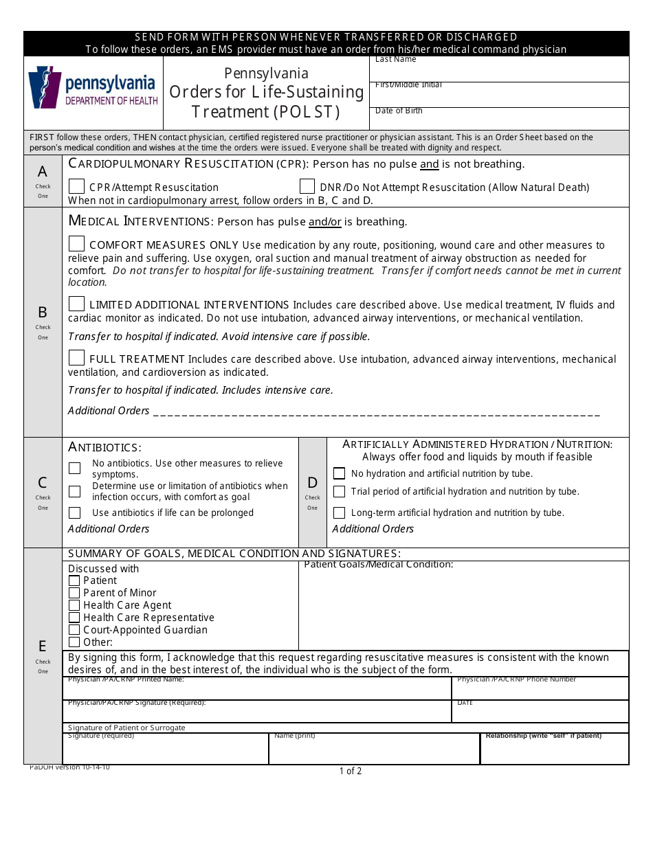 Pennsylvania Orders for Life-Sustaining Treatment (Polst) Form - Pennsylvania, Page 1