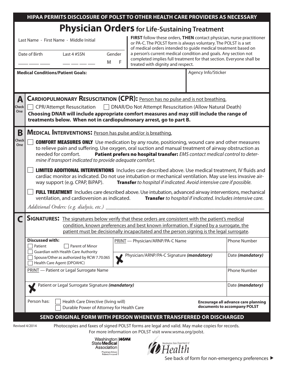 Physician Orders for Life-Sustaining Treatment (Polst) - Washington, Page 1