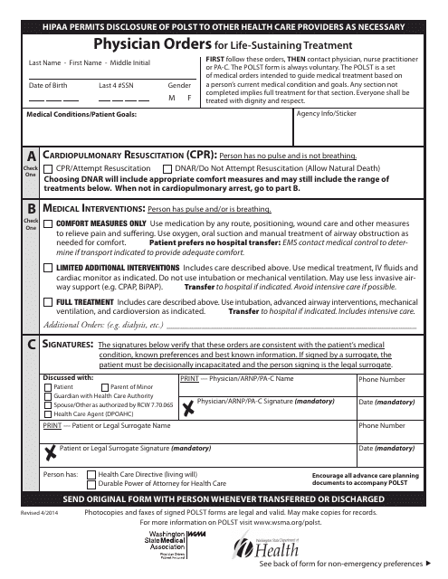 Washington Physician Orders For Life Sustaining Treatment Polst 