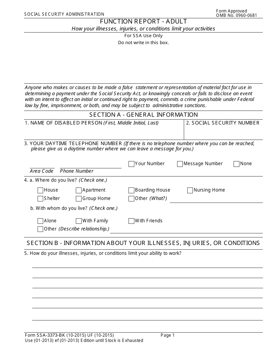 Form SSA-3373-BK Function Report - Adult, Page 3
