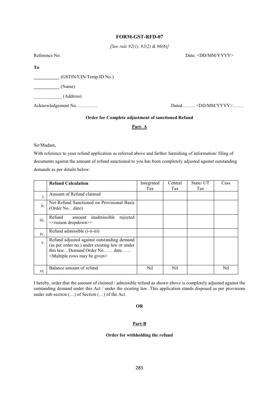 Form GST-RFD-07 - Fill Out, Sign Online and Download Printable PDF ...