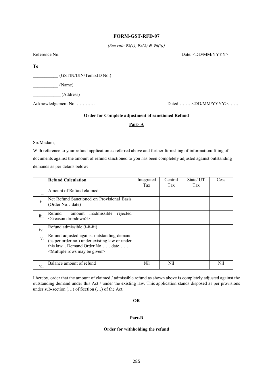 Form GST-RFD-07 Order for Complete Adjustment of Sanctioned Refund - Karnataka, India, Page 1