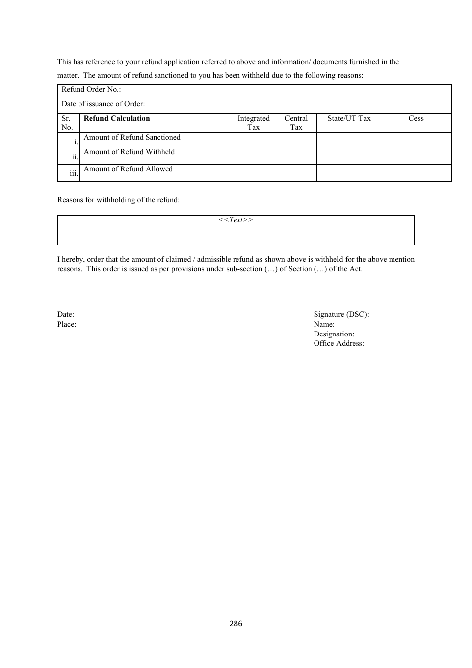 Form GST-RFD-07 Order for Complete Adjustment of Sanctioned Refund - Karnataka, India, Page 2