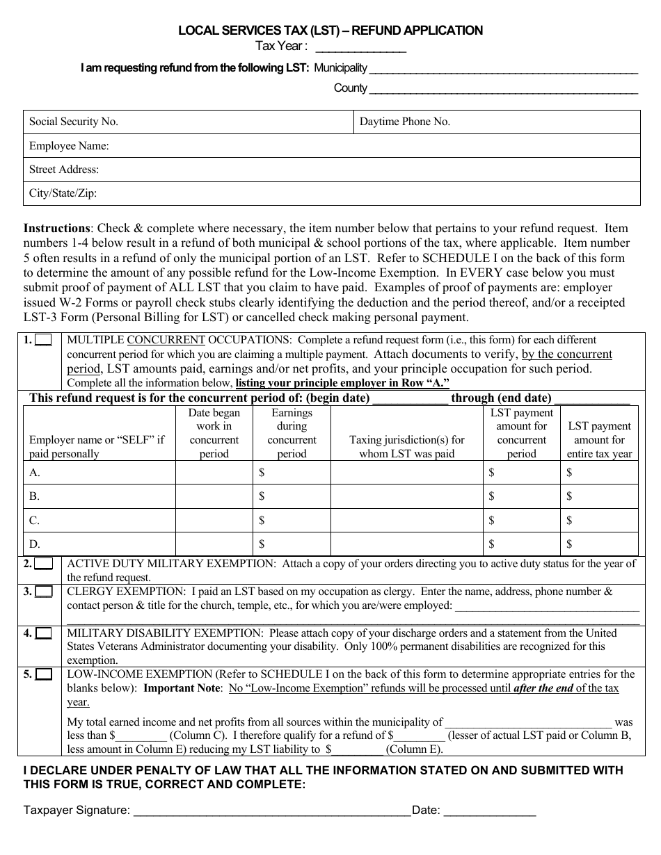 Local Services Tax (Lst) - Refund Application Form, Page 1