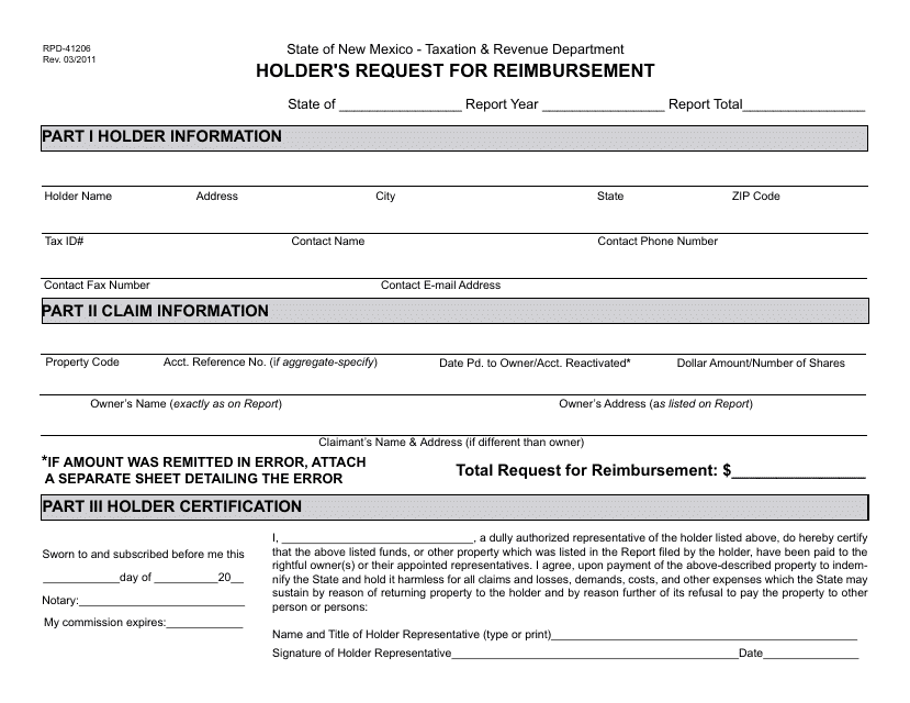 Form RPD-41206 Holder&#039;s Request for Reimbursement - New Mexico