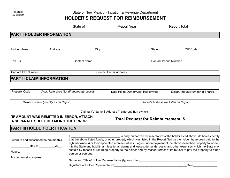 Form RPD-41206 Holders Request for Reimbursement - New Mexico, Page 1
