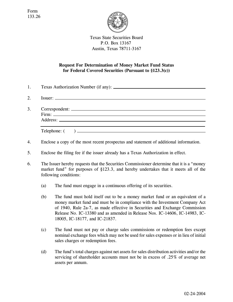 Form 133.26 Request for Determination of Money Market Fund Status for Federal Covered Securities - Texas, Page 1