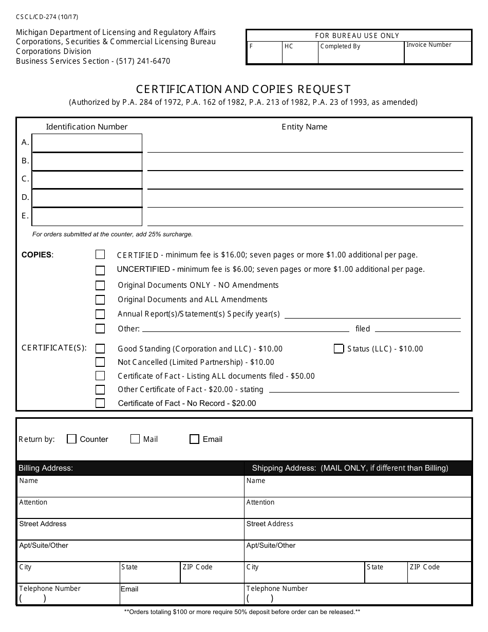 Form CSCL / CD-274 Certification and Copies Request - Michigan, Page 1