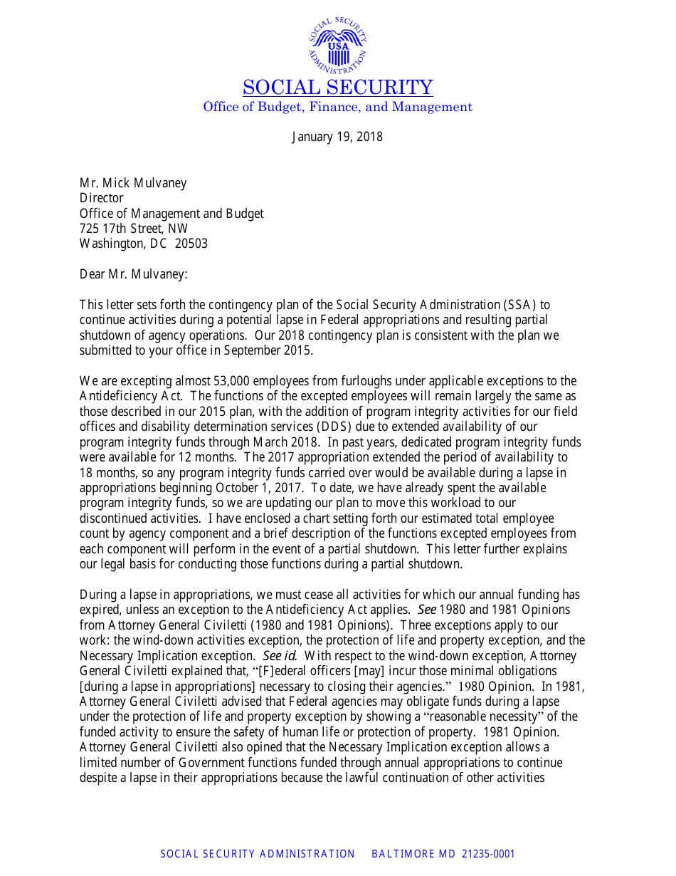 Contingency Plan Letter (Michelle King, Deputy Commissioner for Budget, Finance, and Management), Page 1