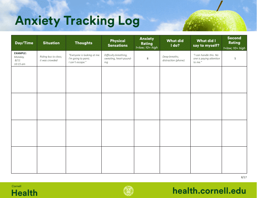 &quot;Anxiety Tracking Log Template - Cornell Health&quot; Download Pdf