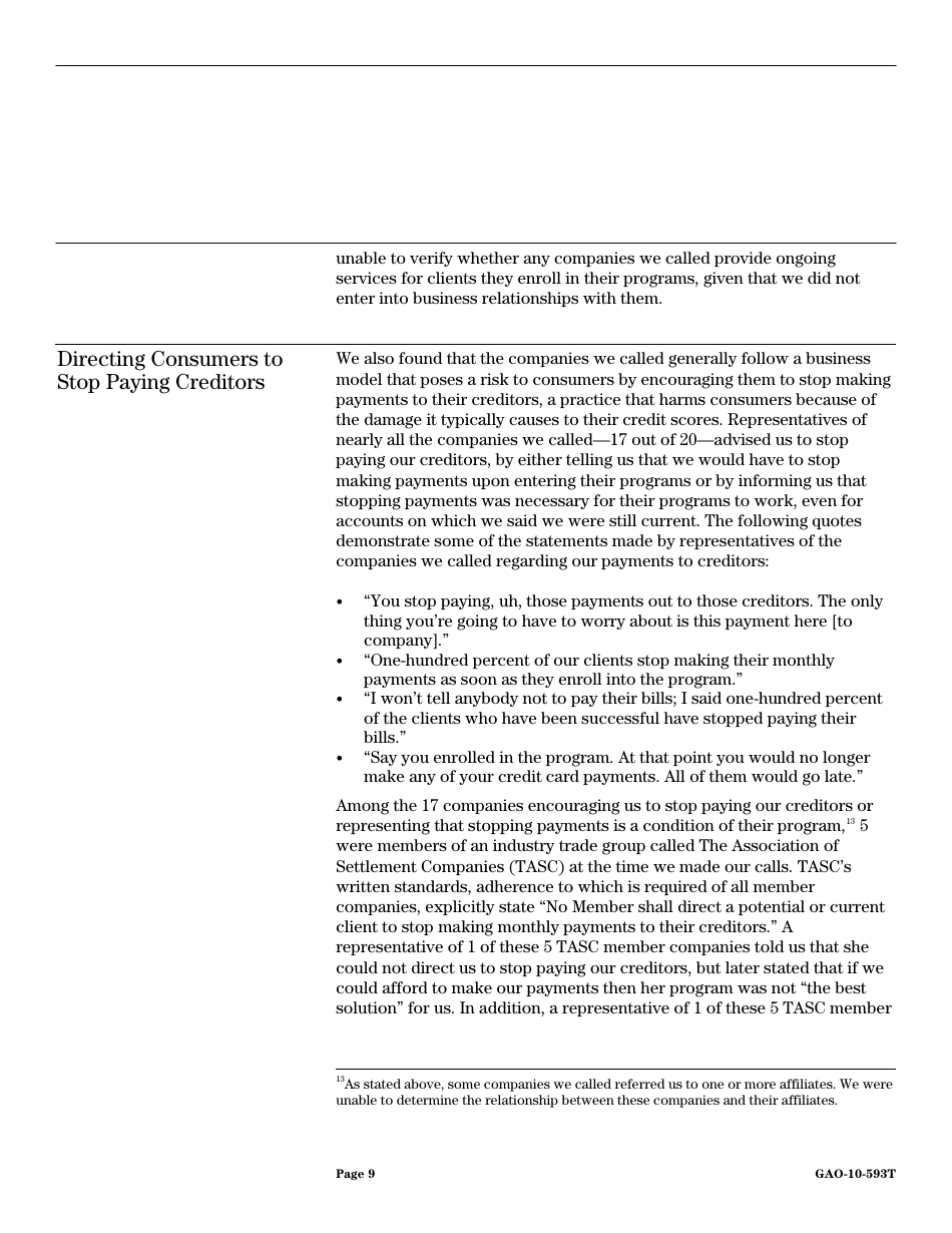 Form GAO-10-593T Debt Settlement: Fraudulent, Abusive, and Deceptive Practices Pose Risk to Consumers, Page 11