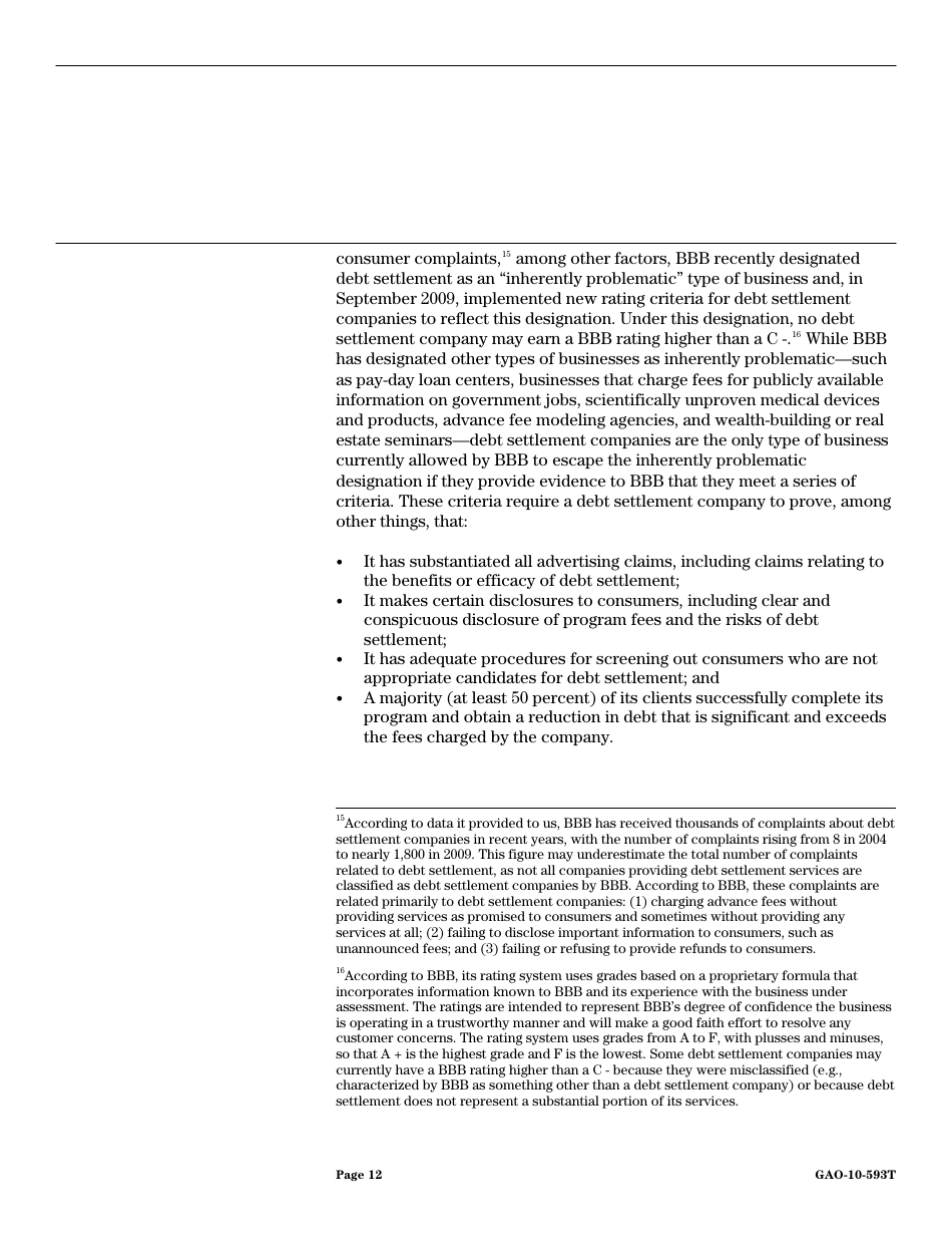 Form GAO-10-593T Debt Settlement: Fraudulent, Abusive, and Deceptive Practices Pose Risk to Consumers, Page 14
