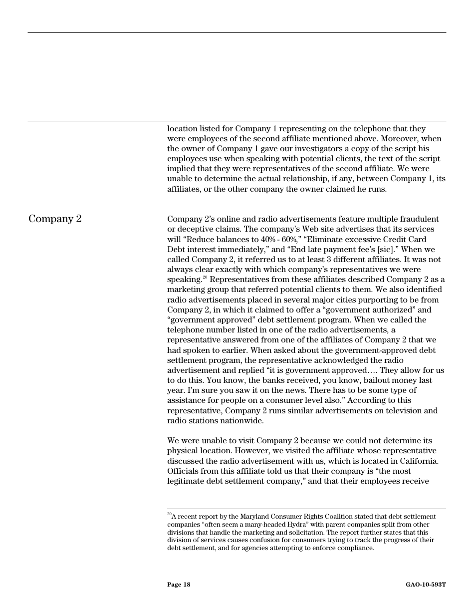Form GAO-10-593T Debt Settlement: Fraudulent, Abusive, and Deceptive Practices Pose Risk to Consumers, Page 20