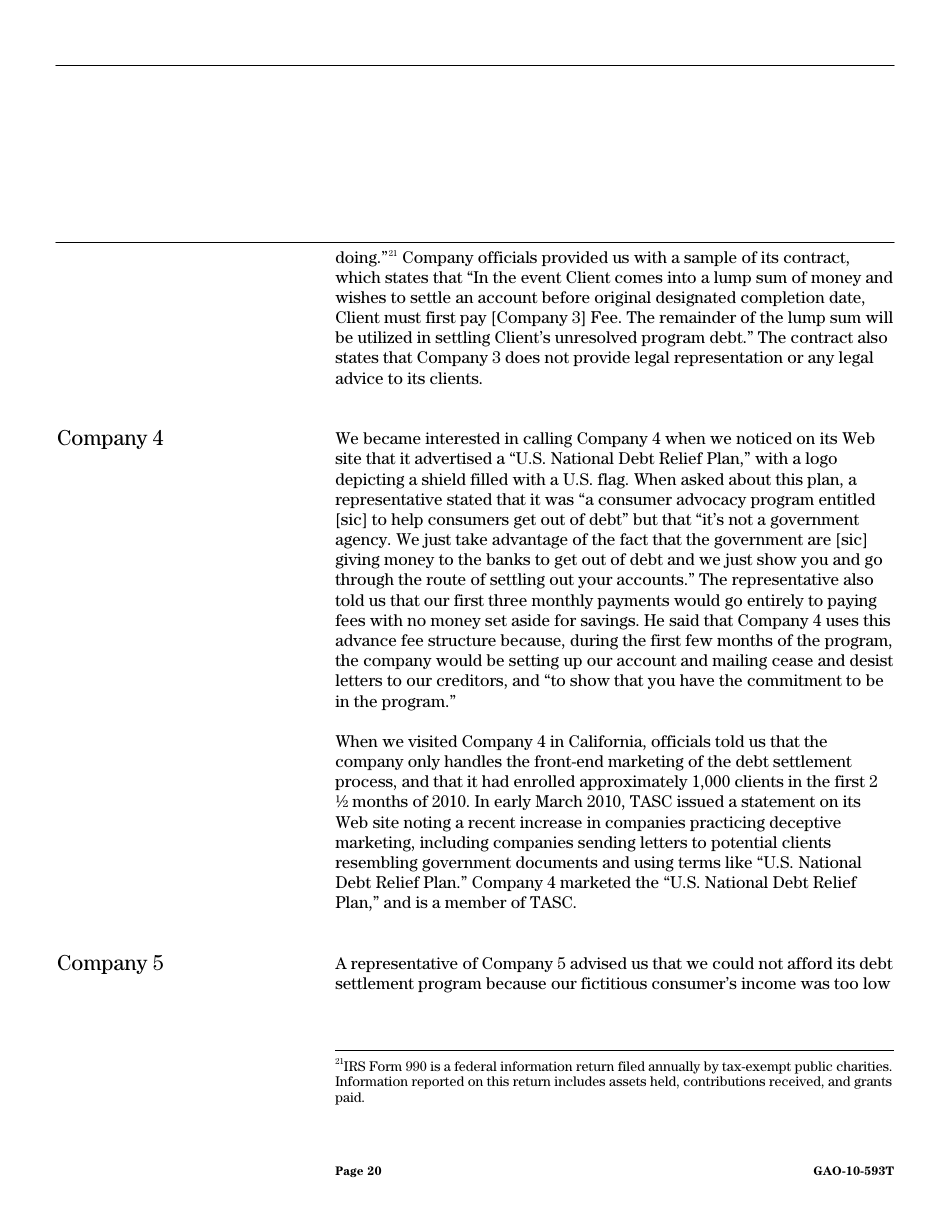 Form GAO-10-593T Debt Settlement: Fraudulent, Abusive, and Deceptive Practices Pose Risk to Consumers, Page 22