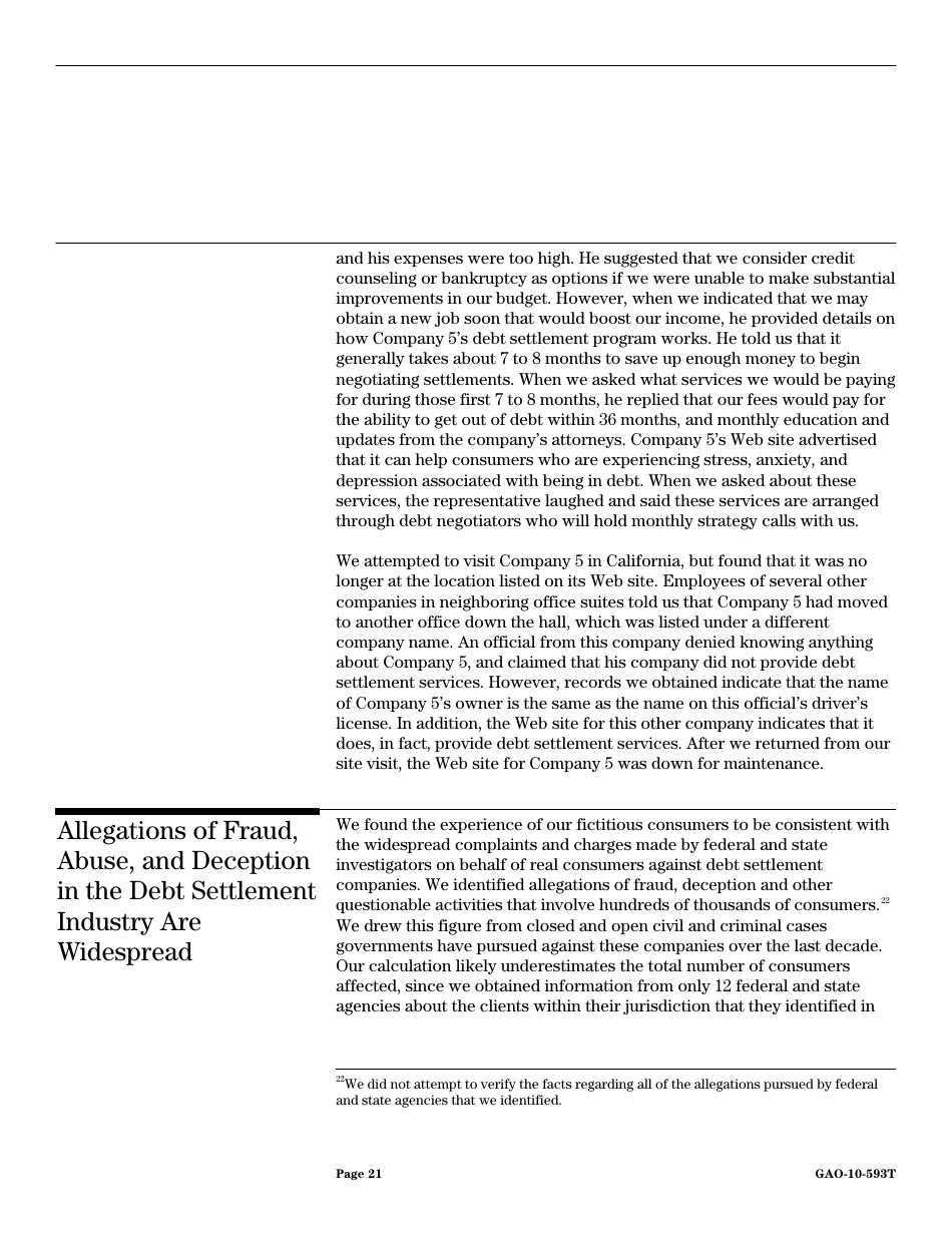 Form GAO-10-593T Debt Settlement: Fraudulent, Abusive, and Deceptive Practices Pose Risk to Consumers, Page 23