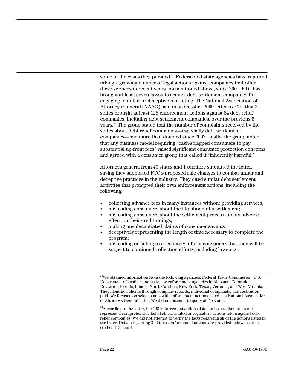 Form GAO-10-593T Debt Settlement: Fraudulent, Abusive, and Deceptive Practices Pose Risk to Consumers, Page 24