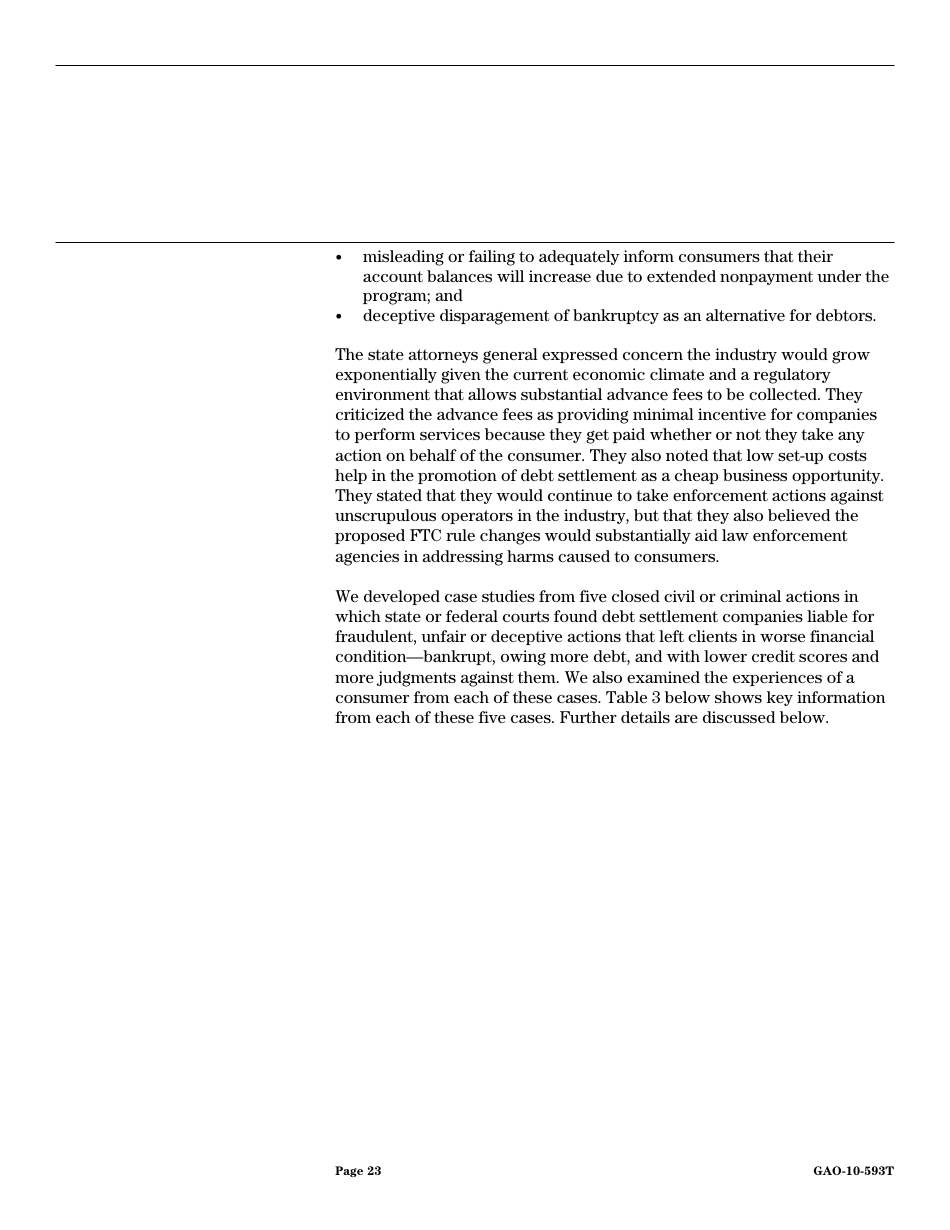 Form GAO-10-593T Debt Settlement: Fraudulent, Abusive, and Deceptive Practices Pose Risk to Consumers, Page 25