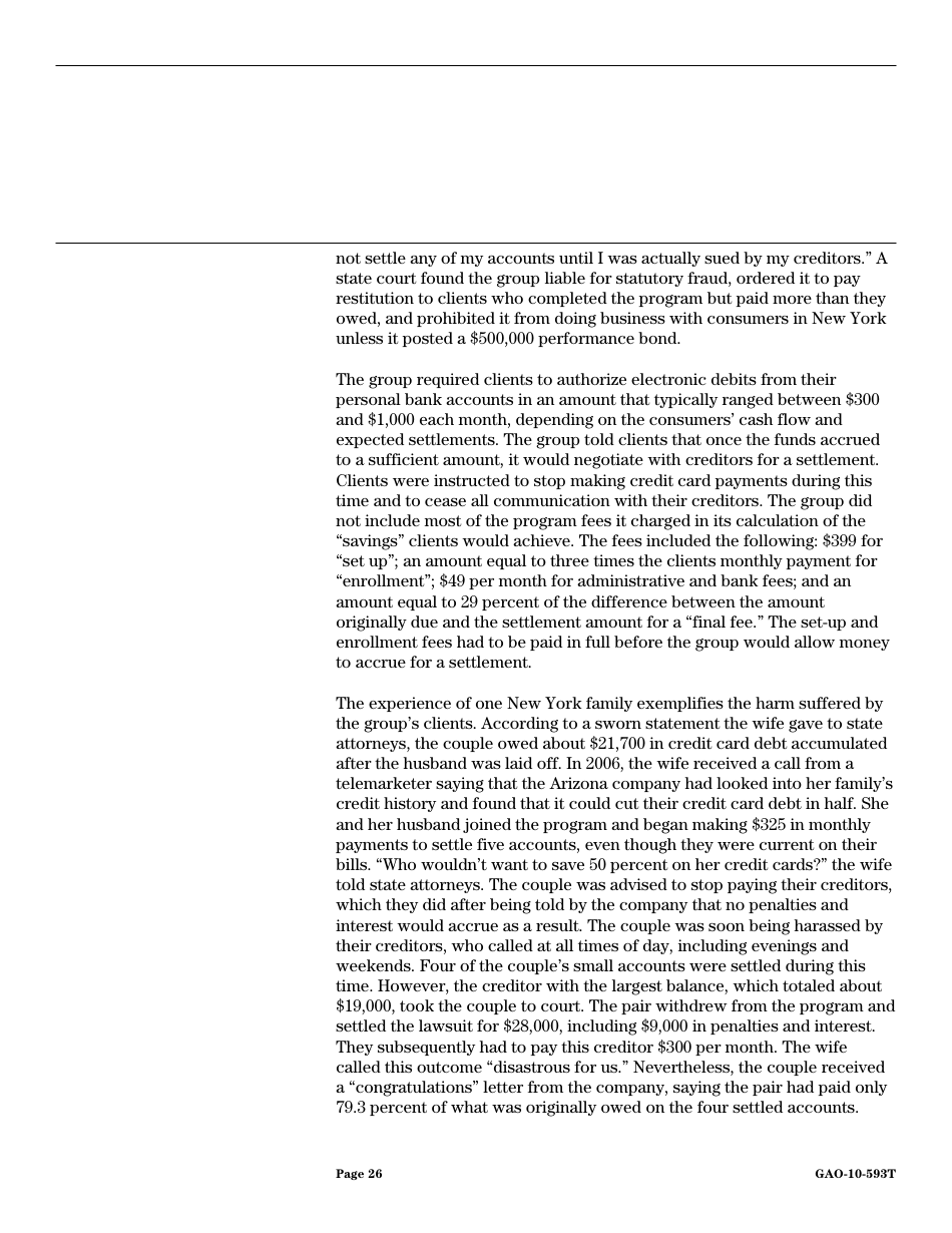 Form GAO-10-593T Debt Settlement: Fraudulent, Abusive, and Deceptive Practices Pose Risk to Consumers, Page 28