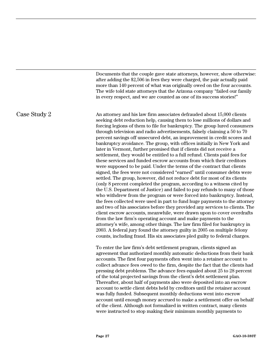Form GAO-10-593T Debt Settlement: Fraudulent, Abusive, and Deceptive Practices Pose Risk to Consumers, Page 29