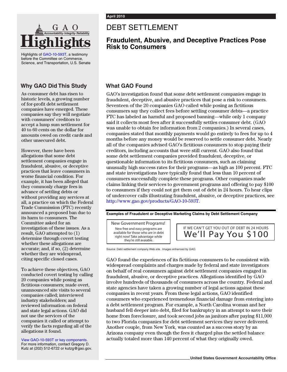 Form GAO-10-593T Debt Settlement: Fraudulent, Abusive, and Deceptive Practices Pose Risk to Consumers, Page 2