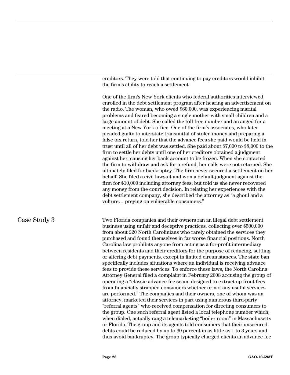 Form GAO-10-593T Debt Settlement: Fraudulent, Abusive, and Deceptive Practices Pose Risk to Consumers, Page 30