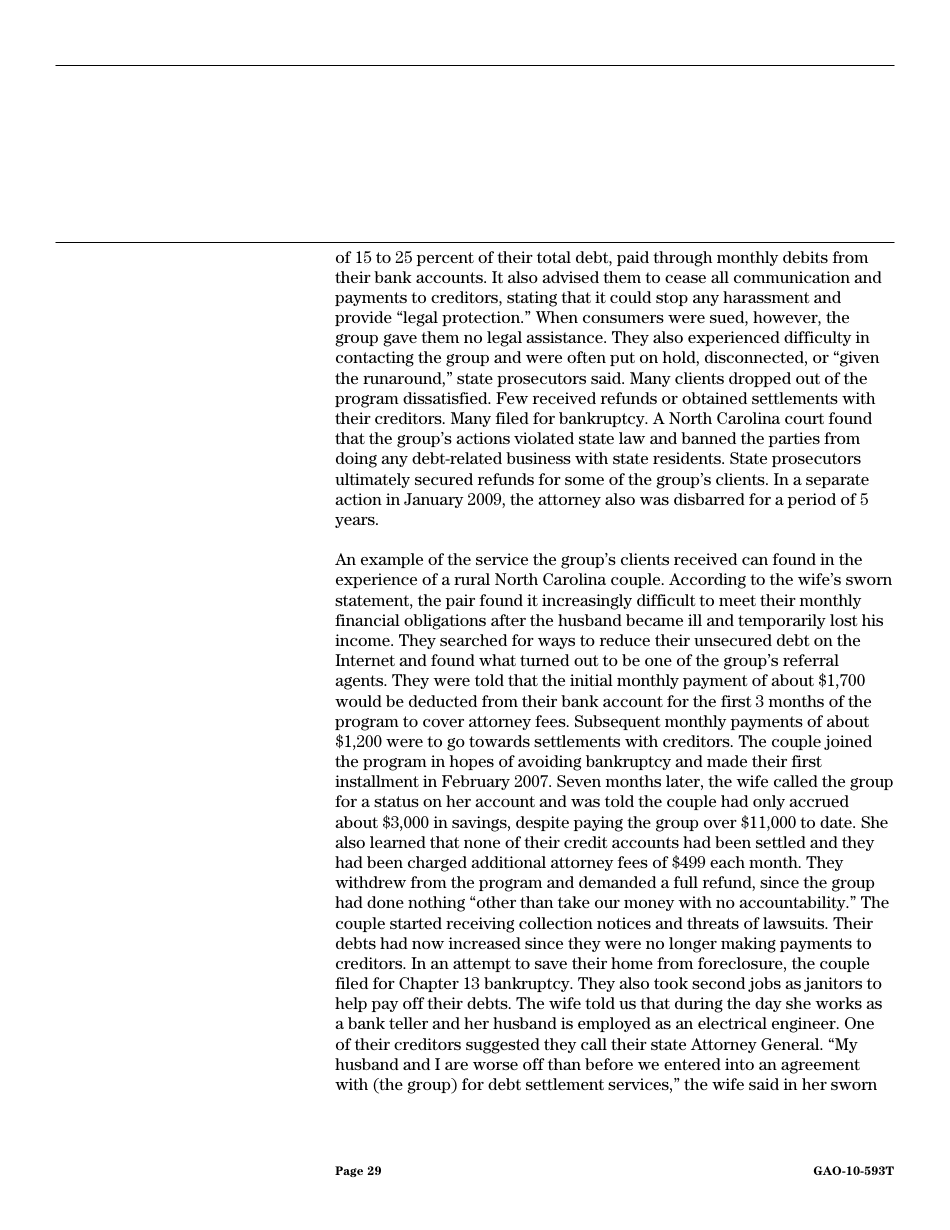 Form GAO-10-593T Debt Settlement: Fraudulent, Abusive, and Deceptive Practices Pose Risk to Consumers, Page 31