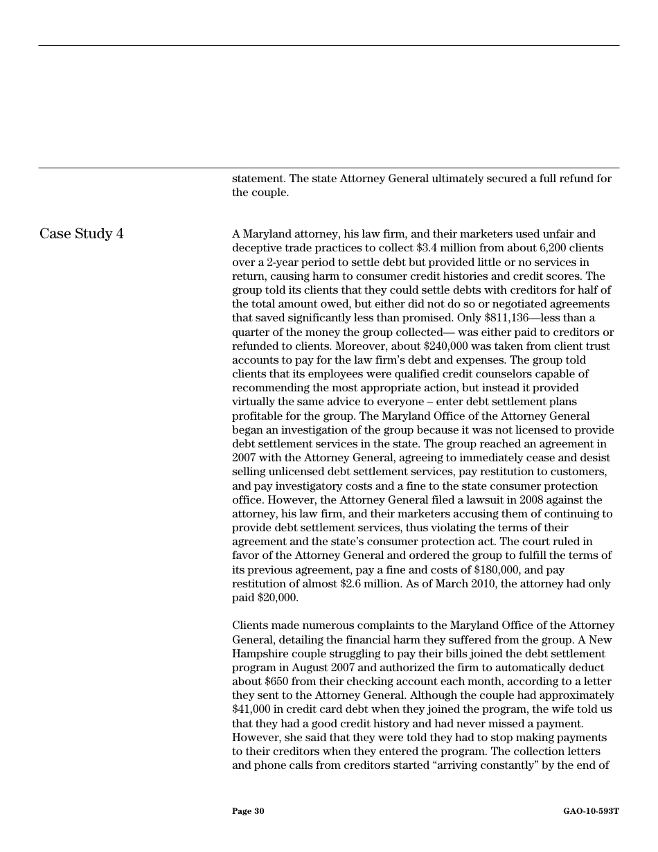Form GAO-10-593T Debt Settlement: Fraudulent, Abusive, and Deceptive Practices Pose Risk to Consumers, Page 32