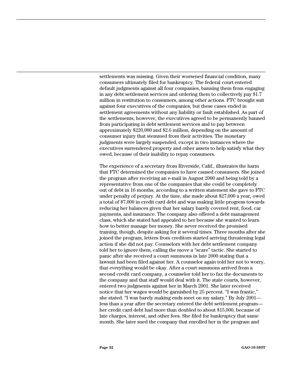 Form GAO-10-593T Debt Settlement: Fraudulent, Abusive, and Deceptive Practices Pose Risk to Consumers, Page 34
