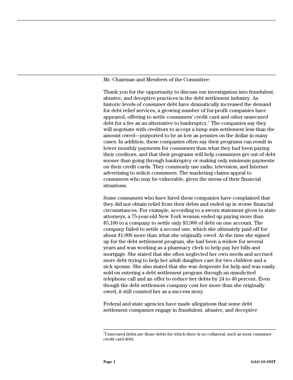 Form GAO-10-593T Debt Settlement: Fraudulent, Abusive, and Deceptive Practices Pose Risk to Consumers, Page 3