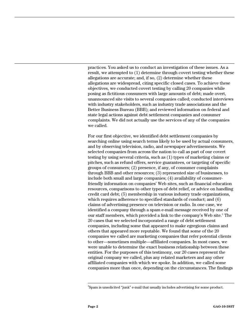 Form GAO-10-593T Debt Settlement: Fraudulent, Abusive, and Deceptive Practices Pose Risk to Consumers, Page 4
