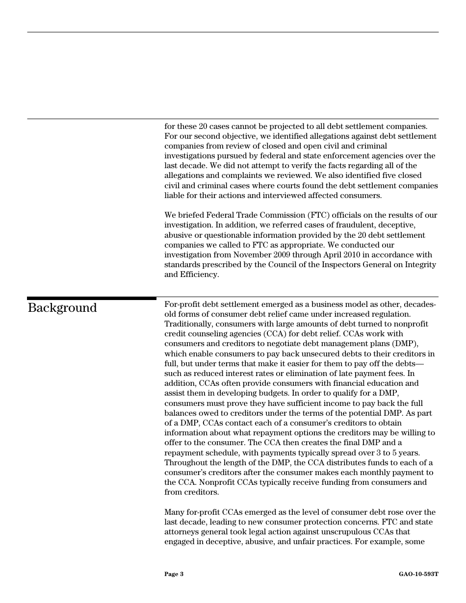 Form GAO-10-593T Debt Settlement: Fraudulent, Abusive, and Deceptive Practices Pose Risk to Consumers, Page 5
