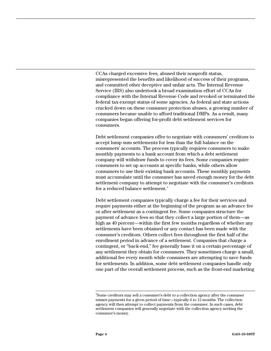 Form GAO-10-593T Debt Settlement: Fraudulent, Abusive, and Deceptive Practices Pose Risk to Consumers, Page 6