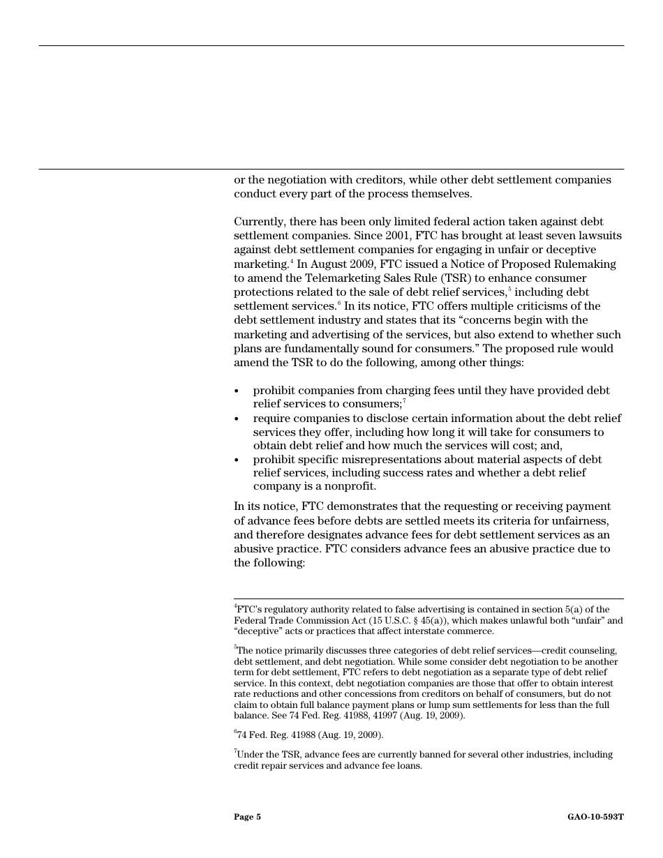 Form GAO-10-593T Debt Settlement: Fraudulent, Abusive, and Deceptive Practices Pose Risk to Consumers, Page 7
