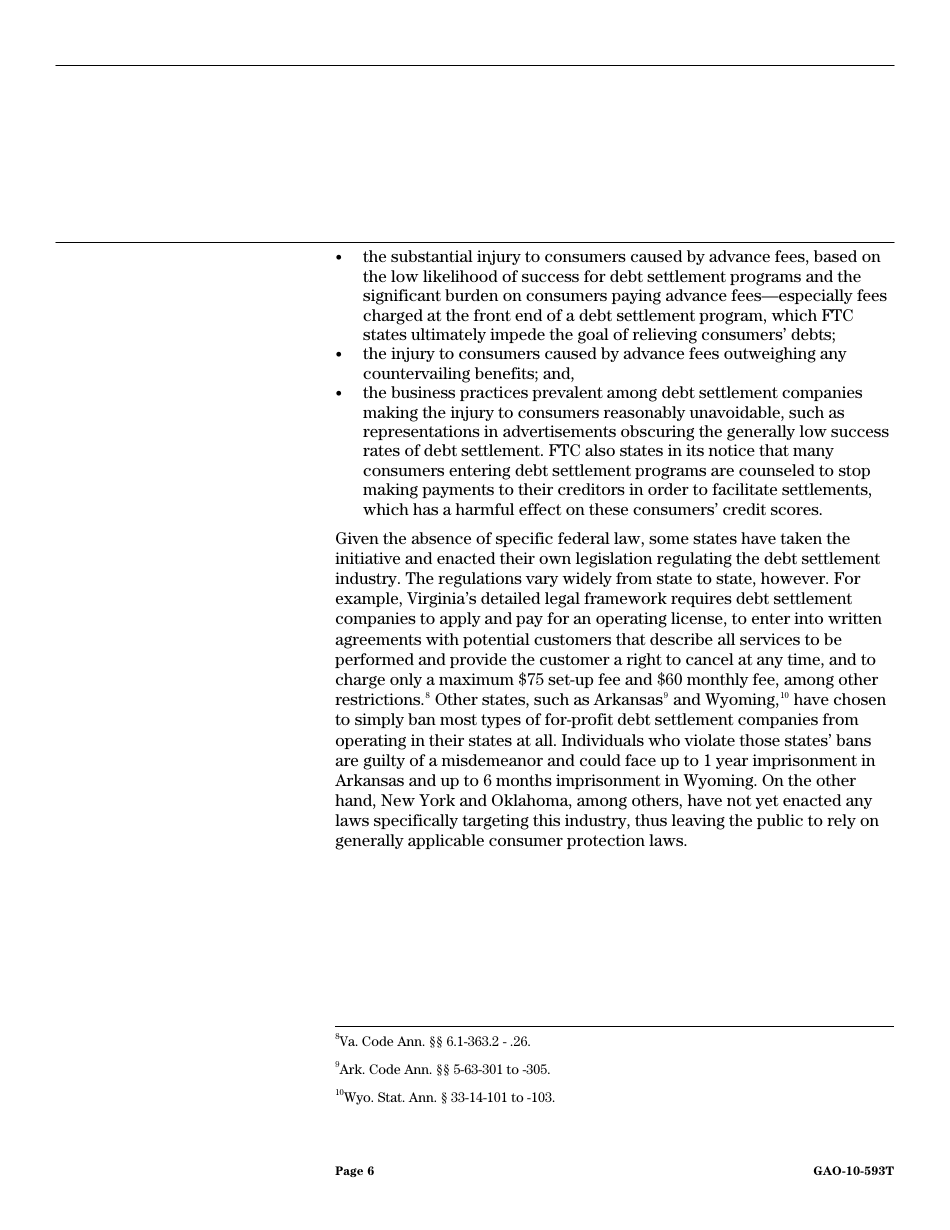 Form GAO-10-593T Debt Settlement: Fraudulent, Abusive, and Deceptive Practices Pose Risk to Consumers, Page 8