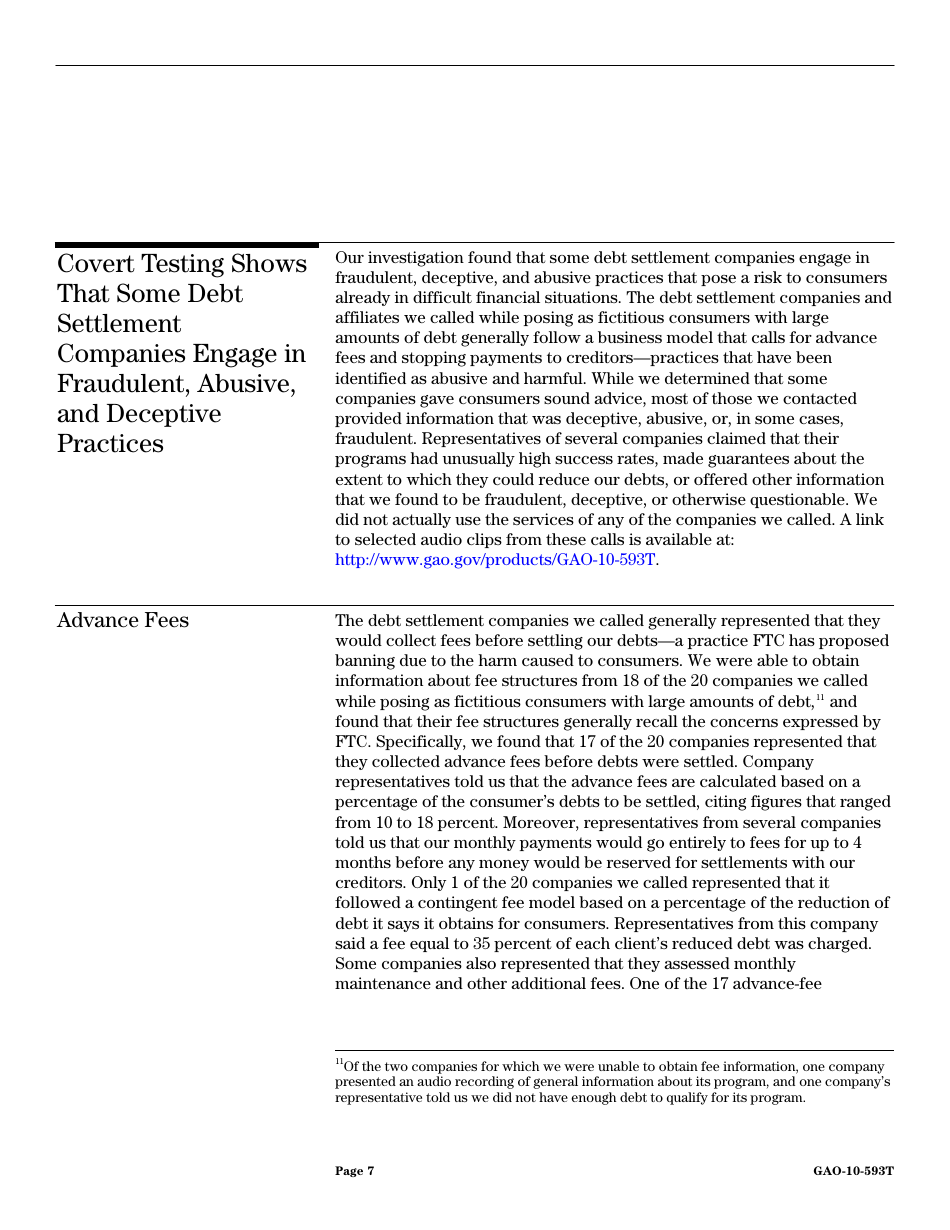 Form GAO-10-593T Debt Settlement: Fraudulent, Abusive, and Deceptive Practices Pose Risk to Consumers, Page 9