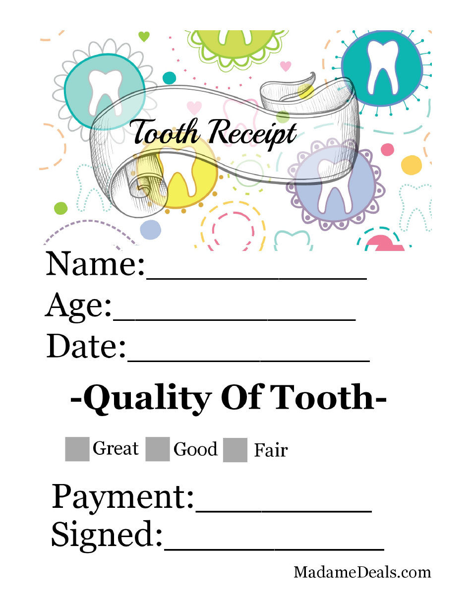 A Tooth Receipt Certificate Template with space for dentist's name and patient information.