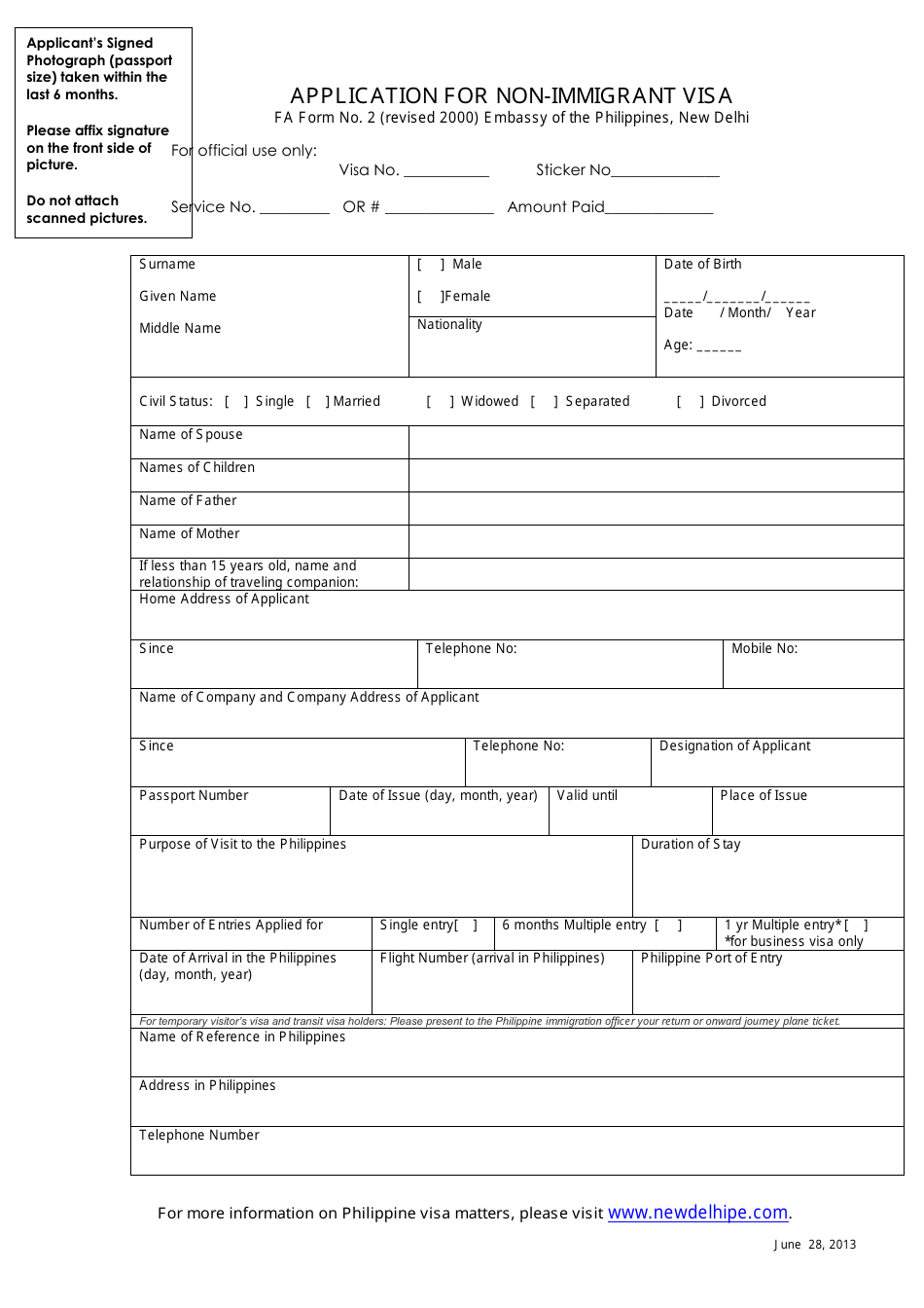 FA Form 2 Application for Philippines Non-immigrant Visa - Embassy of the Philippines - New Delhi, Delhi, India, Page 1