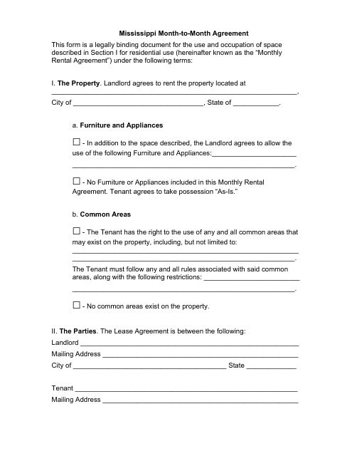 Month-To-Month Agreement Template - Mississippi