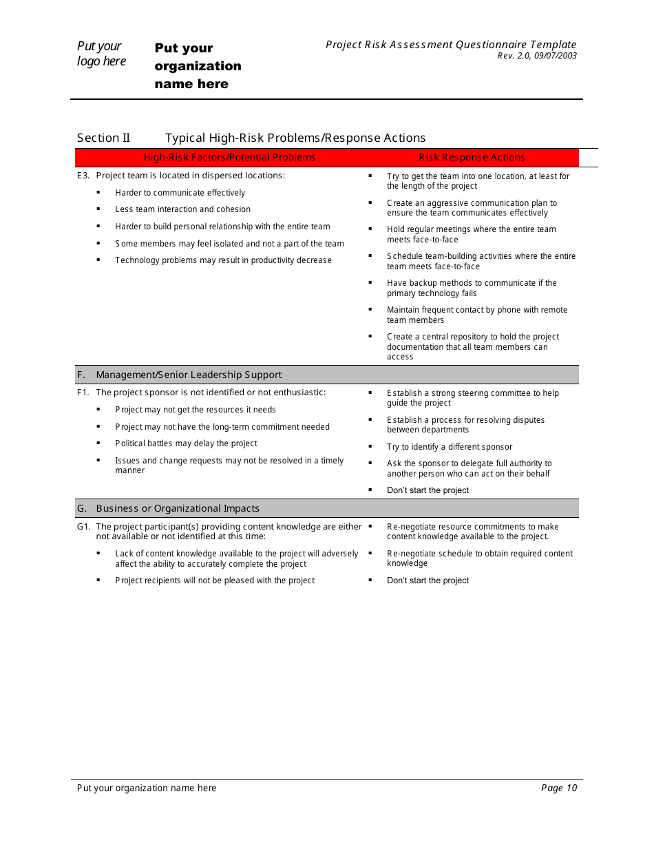 Project Risk Assessment Questionnaire Template, Page 10